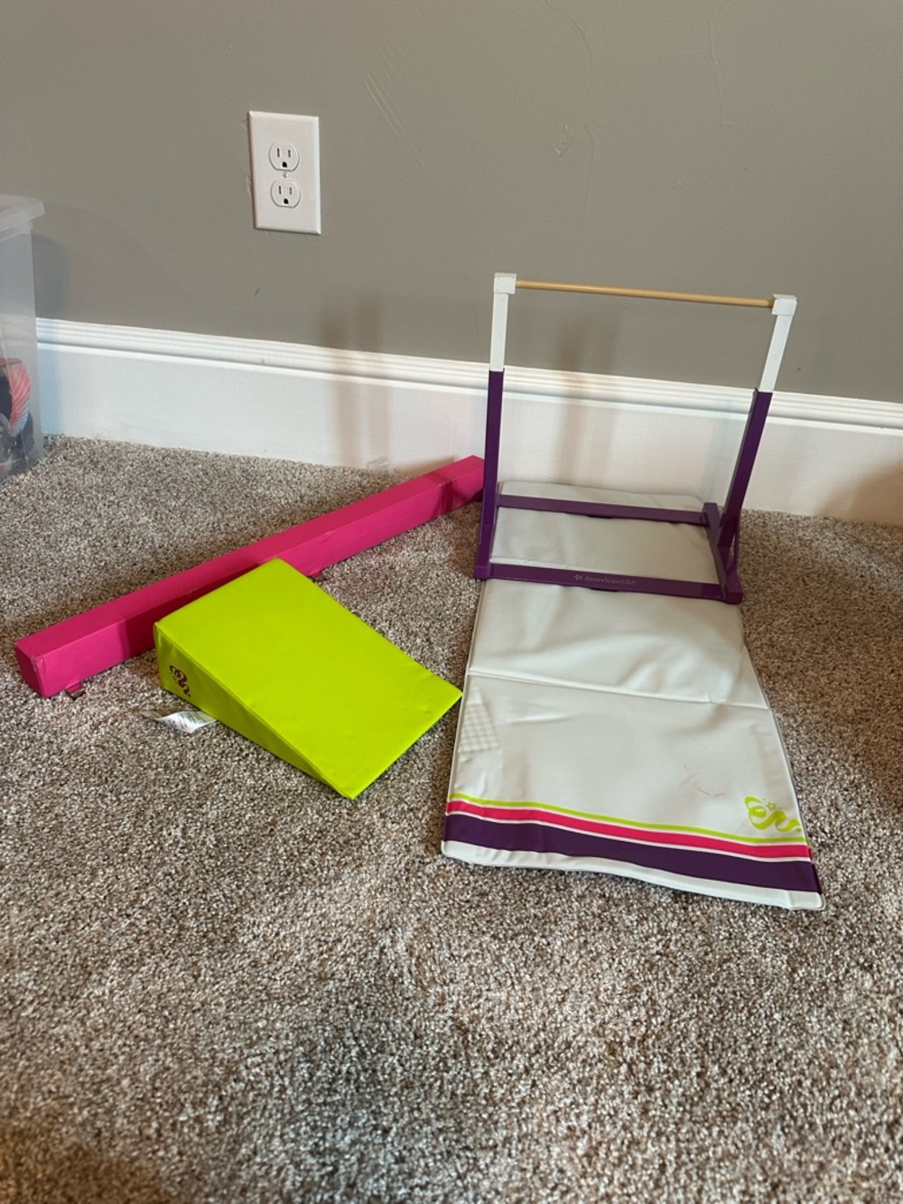 American Girls Gymnastics Training Mat & Bar Set in White, Purple, Pink, Lime.